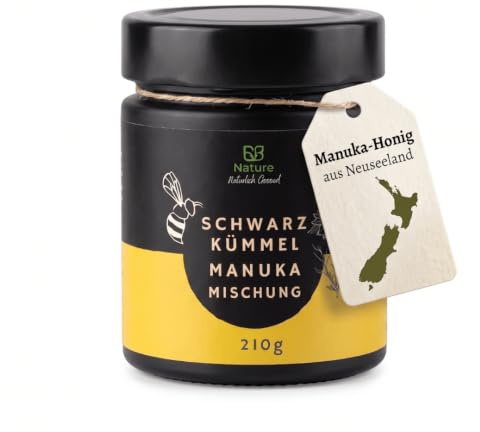 EB Nature Schwarzkümmel in Manuka-Honig 700+ MGO – Manuka-Honig aus Neuseeland mit gemahlenem Schwarzkümmel (Nigella sativa) – im lichtundurchlässigen Glas, ohne Zusatzstoffe – 210 g (1er Pack)
