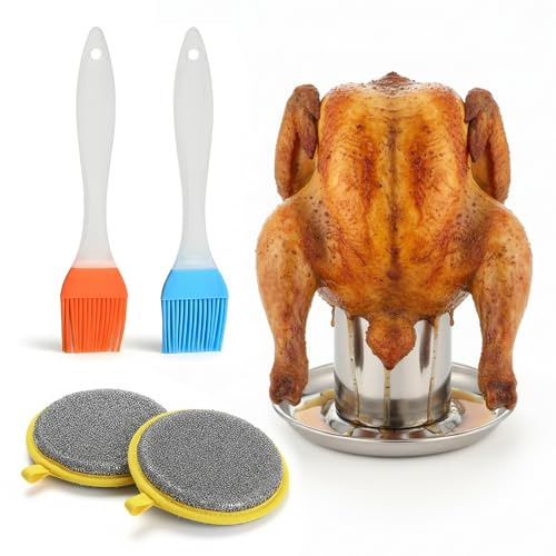 Hähnchenbräter, Hähnchenhalter aus Edelstahl, Geflügelbräter Grill mit 2 Ölpinsel und 2 Reinigungstuch, Geflügelbräter mit Abtropfschale, Grillzubehör, Hähnchen Ständer für Grill im Freien und Ofen
