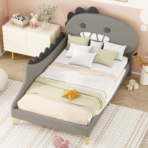 LinoraFurn Kinderbett, Cartoon Dinosaurier Form, Flachbett, PU Material (Grau, 90X200cm)