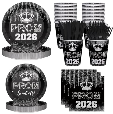 AIBIIN 144pcs Prom Send Off Decorations 2026 Prom Plates and Napkins, Cup, Tableware, Class of 2026 Disposable Dinnerware Set Black and Silver Graduation Party Supplies Serve 24 Guests