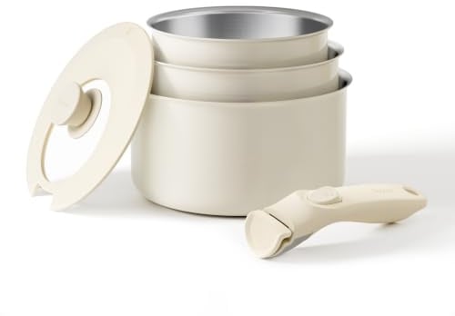Redchef Juego de cacerolas de acero inoxidable para inducción con asas extraíbles, juego de cacerolas sin recubrimiento, 16/18/20 cm y tapa de cierre 3 en 1, ollas de inducción para todo tipo de