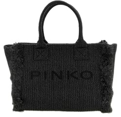 Pinko Einkaufstasche aus Bast, Schwarz, 38 x 29,5 x 16 cm, mit Fransen, Stil Meer und Reisen, Reißverschluss