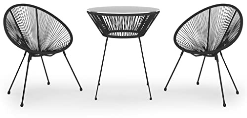 PUGYNBK 3-TLG. Garten-Essgruppe PVC Rattan Schwarz mit rundem Glastisch, wasserfestem Rattan-Geflecht und pulverbeschichtetem Stahlgestell, max. 110 kg pro Sitzplatz