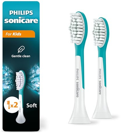 Philips Sonicare for Kids 7+ Genuine Replacement Toothbrush Heads, 2 Brush Heads, Turquoise and White, Standard, HX6042/94