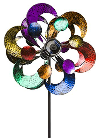 Plow & Hearth Solar Gala Wind Spinner - Enchanting 7ft Multicolor 4-Blade Wind Art | 24x20.75x84 | Integrated Solar Panels | LED Lights | Mesmerizing Garden Display