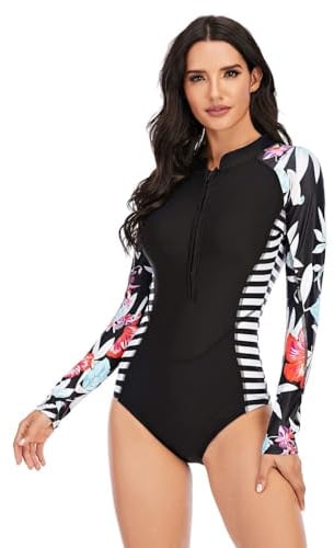 BEACHKINI Women's Zip Up Rash Guard Long Sleeve Swimsuit One Piece Swimwear (04, M)