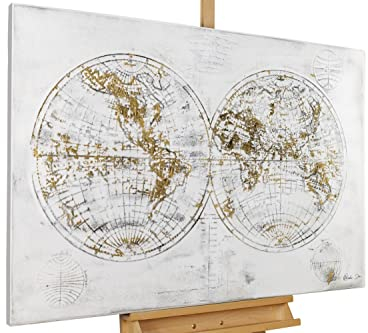 KunstLoft Leinwandbild | 100% HANDGEMALT | 120x80cm | Gemälde 'Entdeckung der Welt' | Weltkarte | Grau Weiß | Wandbild Wohnzimmer