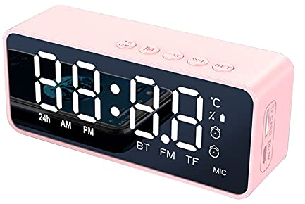 Kripyery Réveil radio avec haut-parleur Bluetooth, chargement sans fil, mini miroir affichage LED avec port USB, haut-parleur pour la maison, la chambre, le bureau, l'hôtel (rose)