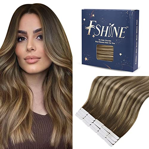 Fshine Invisible Tape in Extensions Echthaar Balayage Braun 35 cm 20 Stücke Täglicher Gebrauch 50 g Skin Weft Echthaar Extensions Tape Mittelbraun bis Honigblond Farbe 4 24 4