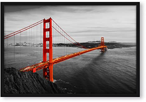 Pixxprint Golden Gate Bridge bei Sonnenuntergang B&W Detail, Poster im Bilderrahmen, Format: 100x70cm, Kunstdruck gerahmt