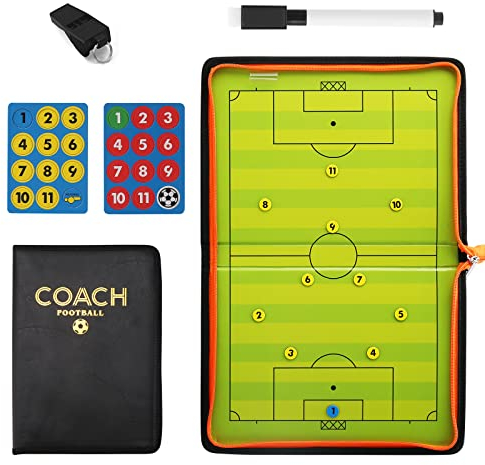 Fußball Taktikbrett, Tragbar Klappbar Trainer Taktikmappe, Taktikmappe Fussball Coach Board mit Magnetische Schachfiguren, Schiedsrichter Pfeifen, Board Marker, Schwamm
