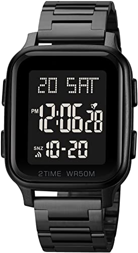 Digital Herren Uhren Edelstahl Digitale Armbanduhr 5ATM Wasserdicht Männer Uhr Multifunktions Digitaluhr mit Wecker Stoppuhr Kalender LED Dualzeit Eckiges Gehäuse Metall