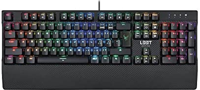 L33T Gaming Tastatur, vollmechanische Gaming Tastatur (QWERTZ Deutsches-Layout), 105 Anti-Ghosting Tasten, 12 Multimedia Tasten, 5 programmierbare Tasten, USB-Anschluss, Handgelenkauflage, schwarz