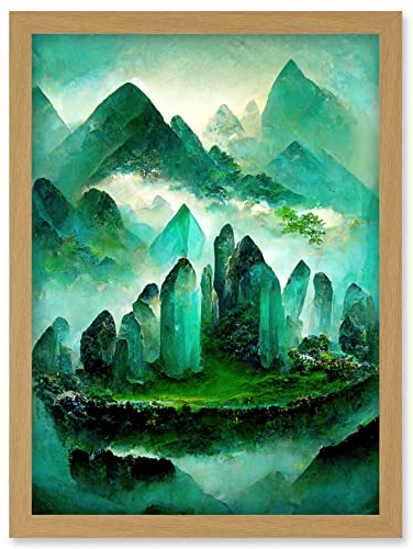 Doppelganger33 LTD Mystical New Age Crystal Jade Green Landscape Painting Artwork Framed Wall Art Print A4