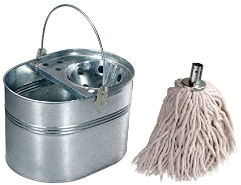 Best House 15 Litres Strong Galvanised Steel Mop Bucket + 1 PC Cotton 14 Ply Metal Socket Mop Head For Everyday Home Work Commercial Mop Heads for Heavy Duty long lasting (250g)