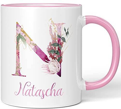 JUNIWORDS Tasse, Natascha, Name Anfangsbuchstabe Initial Alphabet Floral Buchstabe N Monogramm Motiv, Rosa (5530861)