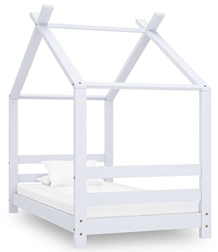 WIFESE Kinder-Bettgestell Weiß Massivholz Kiefer 70x140 cm Holz Krippe Kinder Bett Vorhang Hausbett Jungen Kinderbett Hausbett Kinder Kinderbett Mädchen Baumhaus-Stil Elegant Gestaltet