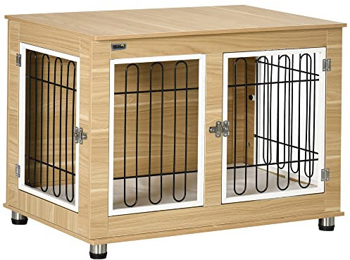 PawHut Cage pour Chien Meuble Cage Chien intérieur Table d'appoint Multi-usages avec Double Porte et Coussin - Niche pour Chien Moyenne et Grande Taille - 90 x 58 x 65 cm, Aspect Marron
