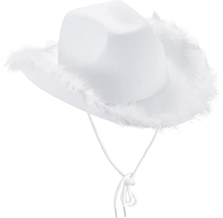 Aunaeyw Women Cowgirl Hat Cowboy Hats Fluffy Feather Brim Cowboy Hat for Bachelor Party,Holiday,Costume Party,Play Dress Up,Halloween Cosplay (White01, 32cm*42cm*18cm)
