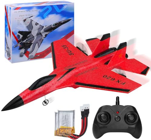yusvwkj RC Plane, SU35 RC Airplane Ready to Fly, 2.4 GHz 2 Channel Remote Control Airplane RC Glider with Colored Lights for Kids/Adults/Beginners, Red