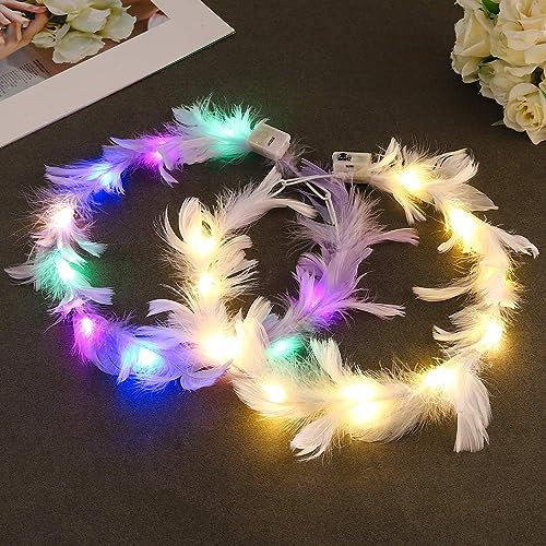 Yean Lot de 2 bandeaux lumineux à plumes à LED, couronne lumineuse, pour fête, mariage, accessoires de cheveux rave pour femmes et filles