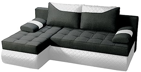 BROMARKT Ecksofa KASTELL L-Form Schlafsofa Wohnlandschaft Links/Rechts Couch, Bettkasten,Schlaffunktion,viele Farbvarianten (Links, Rino 97 + Madryt Pik 920 – Schwarz, h80 x t141 x b200 cm)