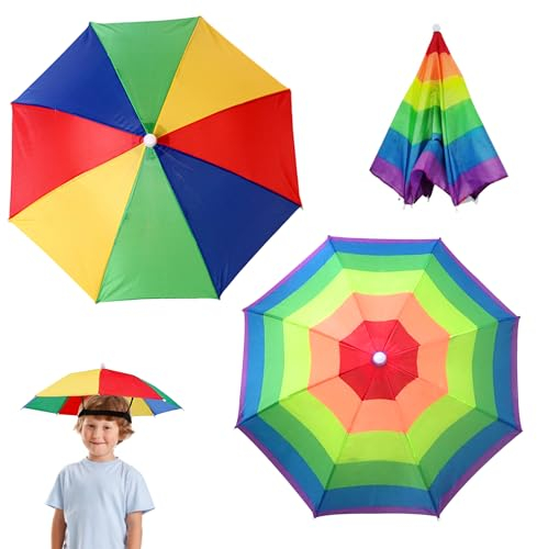 MEMOFYND Set mit 2 Regenschirmhüten, lustigen Kopfschirmhüten, Sonnenschirm-Regenhüten, Regenbogenschirmhüten mit elastischen Bändern, geeignet für Kinder Erwachsene, Strand, Angeln, Golf