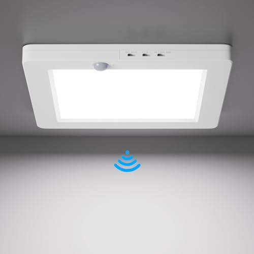 Klighten LED Lámpara de Techo 20W con Detector de Movimiento, Cuadrado Blanco Ultrafino Plafón LED Techo para Balcón Baño Escalera, 3000K/4000K/6500K Luz Techo, Impermeable IP42, L22.5cm x H2cm