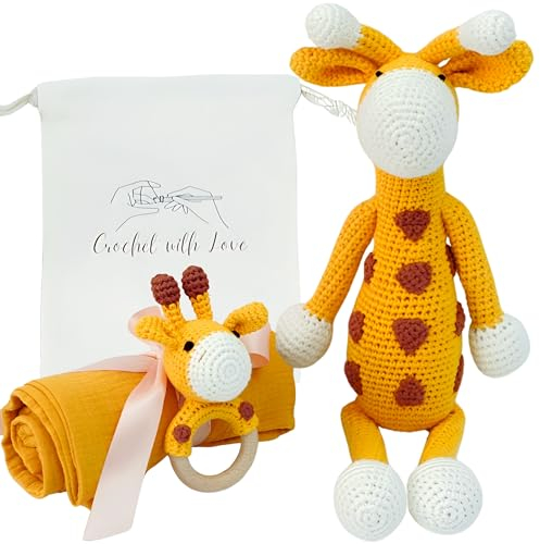 cometrade Baby-Geschenk-Set, 4er, Giraffen-Thema - Kuscheltier 37 cm, Baby-Rassel 13cm, Badetuch & Beutel, handgefertigt für Jungen und Mädchen, mit Geschenkbox, für Neugeborene, Kleinkind