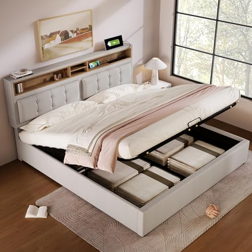 FEZTOY Polsterbett 140x200, Hydraulische Doppelbett mit USB C Steckdose, verstellbar Kopfteil, Rückenlehne Bett mit Stauraum und Lattenrost, Stauraumbett Jugendbett (Hellbeige-onhe Matratze, 140x200)