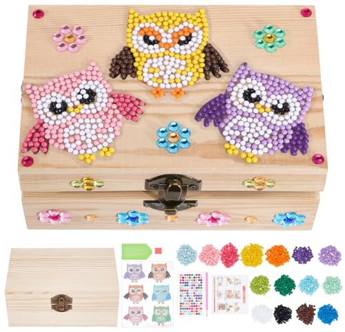 ORIGACH DIY Edelstein Holz Schmuck Box Craft Kit, dekorieren Sie Ihre eigenen hölzernen Speicher Veranstalter Box mit 6pcs Eule Diamant Malerei und Edelstein-Set, Geburtstag Weihnachten Geschenk
