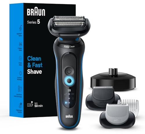 Braun Electric Shaver for Men, Series 5 5150cs, Wet & Dry Razor, Turbo Shaving Mode, Foil Shaver, with Beard Trimmer, Body Groomer and Charging Stand, Blue
