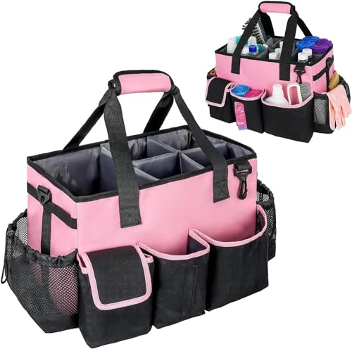 IVODEELA Putzmittel Organizer,Putztasche mit Griff,Reinigungstasche Verstellbaren Schultergurten und Gürtel,Groß Tasche für Reinigungsmittel für Haus,Auto und Badezimmer,Rosa(Nur Tasche)