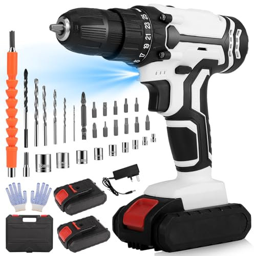 21V Cordless Drill Set, Electric Screwdriver Drill Power Tool, 45NM Torque, 2 Speed, LED Light, Combi Drill for Home and Garden DIY Tools Project, Combi Drill Kit with 2 Batteries