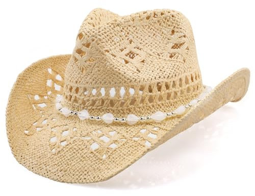 Sombrero de vaquero, sombrero de vaquera, sombreros de vaquero para mujeres/hombres, sombrero de vaquero de ala moldeable para mujer, Beige y blanco, 7-7 3/8
