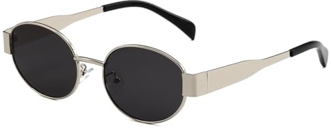 YUELUQU Runde Vintage Sonnenbrille Klassische Retro Metallrahmen Sonnenbrille Oval Punk für Frauen Männer Brille (Silber/Schwarz)