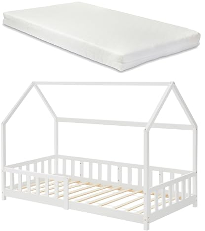 [en.casa] Kinderbett Hesel Hausbett mit Matratze 90 x 200 cm Weiß mit Rausfallschutz und Lattenrost Montessori Bodenbett Jugendbett Holzbett