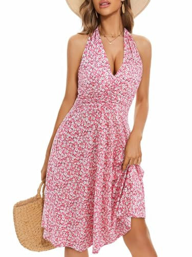 Shownicer Robe Femme Sans Manches Imprimée Floral Été Sexy Bretelle Dos Nu Mini Casual Ample de Plage