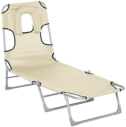 Outsunny Chaise Longue Pliante, Bain de Soleil, avec Appui-tête à Trou pour la Lecture et Dossier inclinable en 4 Positions, transat pour Jardin, Piscine, terrasse, en Tissu Oxford, Beige