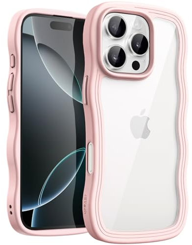 JETech Wavy Case for iPhone 16 Pro Max 6.9-Inch, Cute Wave Frame Curly Shape Shockproof Phone Cover for Women and Girls, Clear Hard PC Back (Pink)