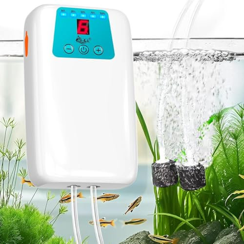 AQQA Pompe à air pour aquarium, 560 l/h, alimentée par batterie, pompe à air d'aquarium avec double sortie, flux d'air à 6 étapes, pompe à oxygène portable USB pour la pêche en plein air