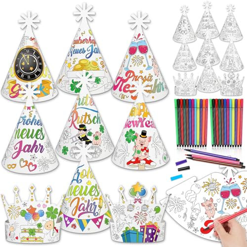 DPKOW 18 Glücksbringer Silvester Partyhüte zum Ausmalen Kinder mit 24 Stiften, Bemalbare Papier Silvester Haarreif für Kinder Basteln Glücksbringer Silvester Kopfbedeckung Zubehör Accessoires