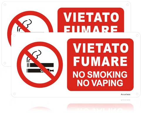 Acuxiaza 2 Pezzi Cartello Vietato Fumare Adesivo PVC Resistente 30x15cm NO SMOKING NO VAPING Targa Vietato Fumare Segnaletica di Sicurezza, Con fori, per Esterno e Interno PVC