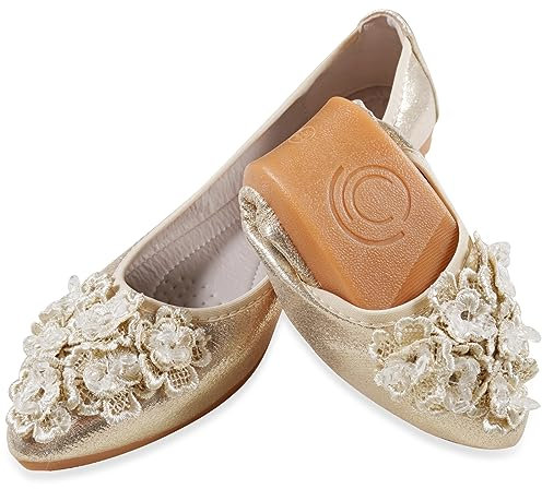 YOUNIFIZ Women's Elastic Foldable Portable Pumps Bling Beads Ballet Ballerina Flats Dolly Shoes (Gold,Size 8)