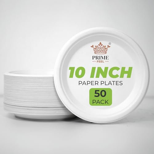 PRIME FEEL 10 Inch Disposable Paper Plates (50 Pack) 100% Compostable Sugarcane Plates, Heavy-Duty & Eco-Friendly for Parties, Events, BBQs, Camping & Picnics