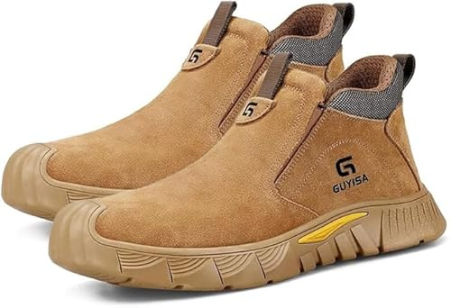 SFSDOUN Welding Boots for Men Slip On Work Boots for Men Fireproof Steel Toe Boots Men's Steel Toe Shoes Indestructible Safety Toe Shoes Construction Boots for Welder Men's Work Shoes. Brown