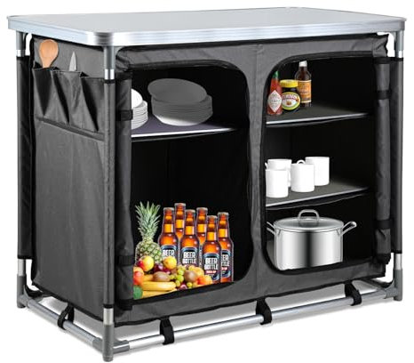 Hebitod Armario plegable de aluminio con protección contra salpicaduras y bolsa de transporte, muchos estantes, incluye muebles de camping, cocina de camping, 2 compartimentos con 3 estantes cada uno,