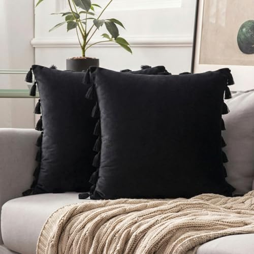 BREASOME Kissenbezug 45x45 cm 2er Set Kissenbezüge Einfarbig Schwarz Kissenhülle mit Quasten Nordischer Stil Dekorative Sofakissen Dekokissen Zierkissenbezug für Sofa Couch Wohnzimmer Schlafzimmer