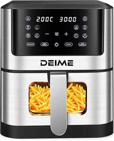 Freidora de Aire 10 Funciones, 8L, 1500W, Control Digital de Temperatura 80-200°C y Tiempo, Temporizador hasta 60 min. Pantalla LED, Ventana de Cocción Visible, Antideslizante. (8 LITROS)