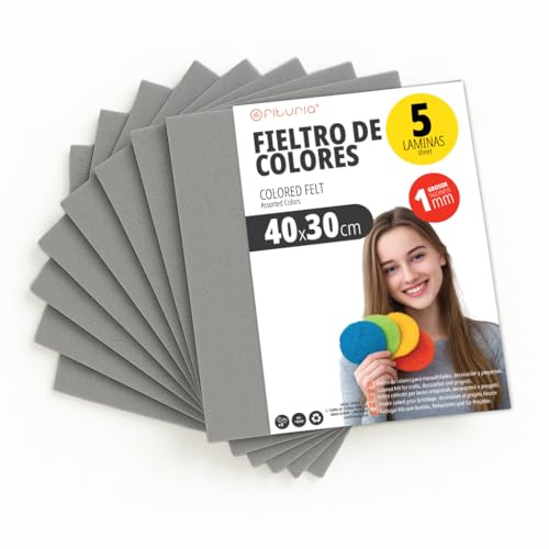 OFITURIA Bastelfilz für DIY-Projekte, Bunte Filzstoffe für Patchwork, Nähen, Schule, Kunst und Dekoration 40x30cm (Grau, 5 Stk)